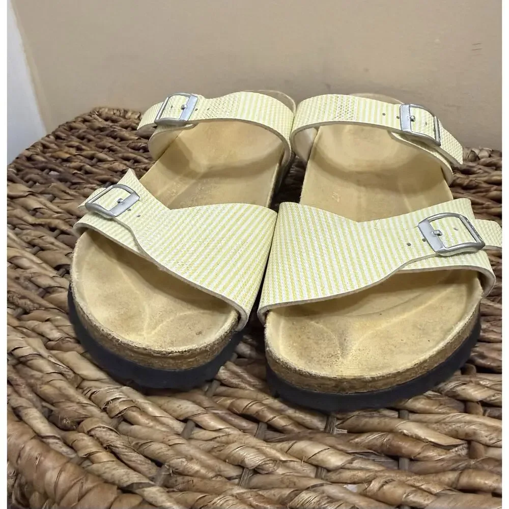 Birkenstocks Birki’s Aziza Sandals Yellow/White Narvic Stripe Us 8 Eu 39